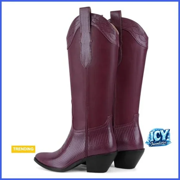 Faux Leather Knee High Cowboy Boots with Chunky Block Heel - Picture 7 of 7